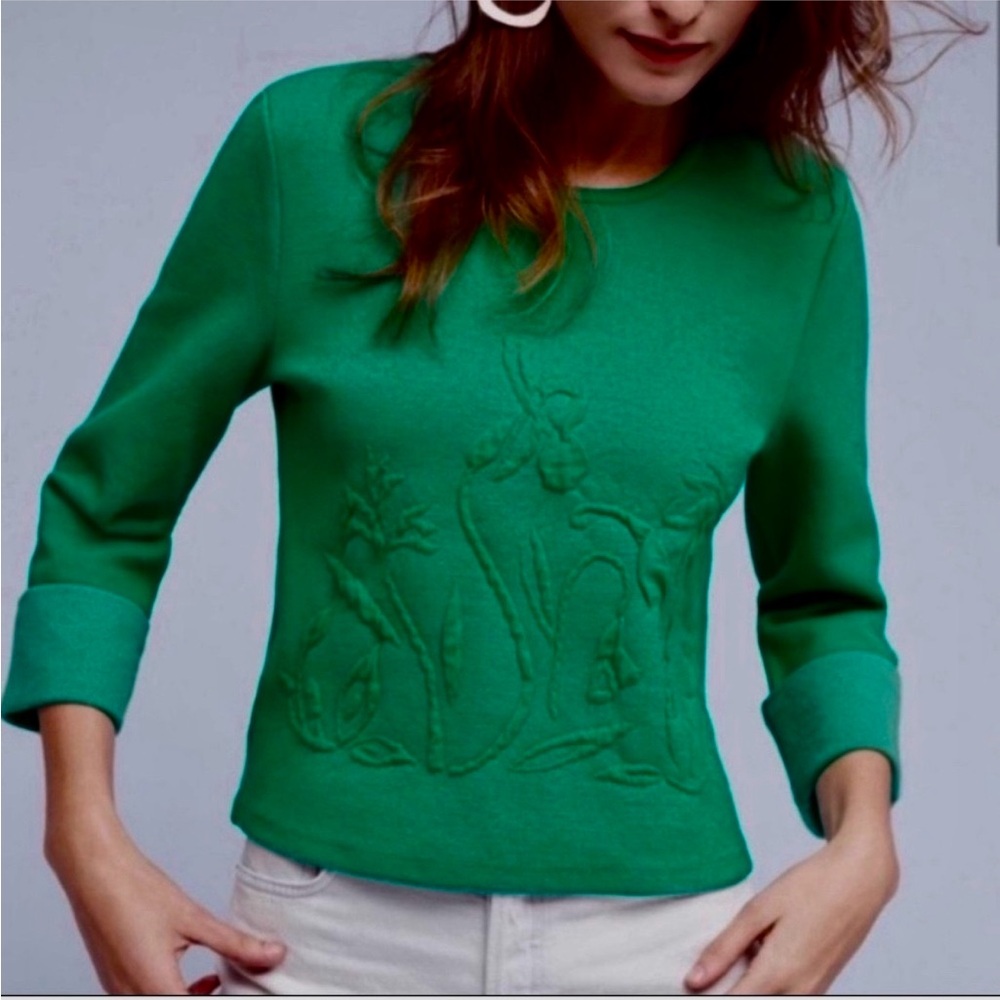 ANTHROPOLOGIE - Green Cropped Sweater w/ Pretty Floral Design 🦚